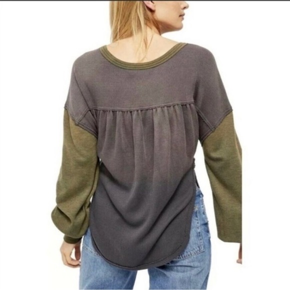 EUC Free People LoneStar Patchwork Thermal Waffle Knit Top Charcoal Small - Picture 2 of 12